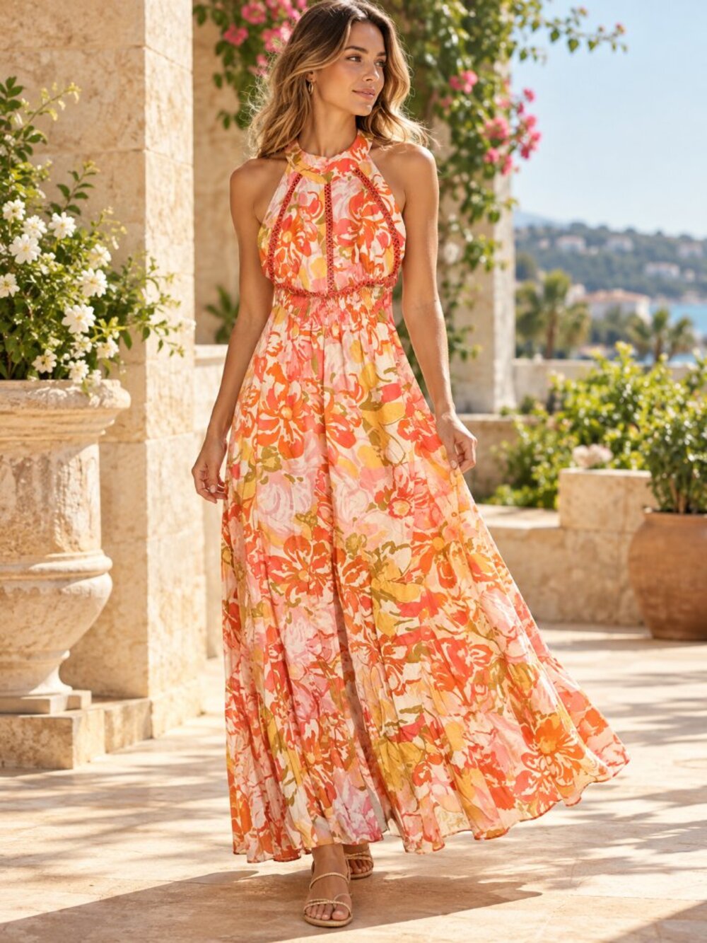 NWOT Abel The Label Anthropologie Coral Floral Open Back Maxi Dress S
